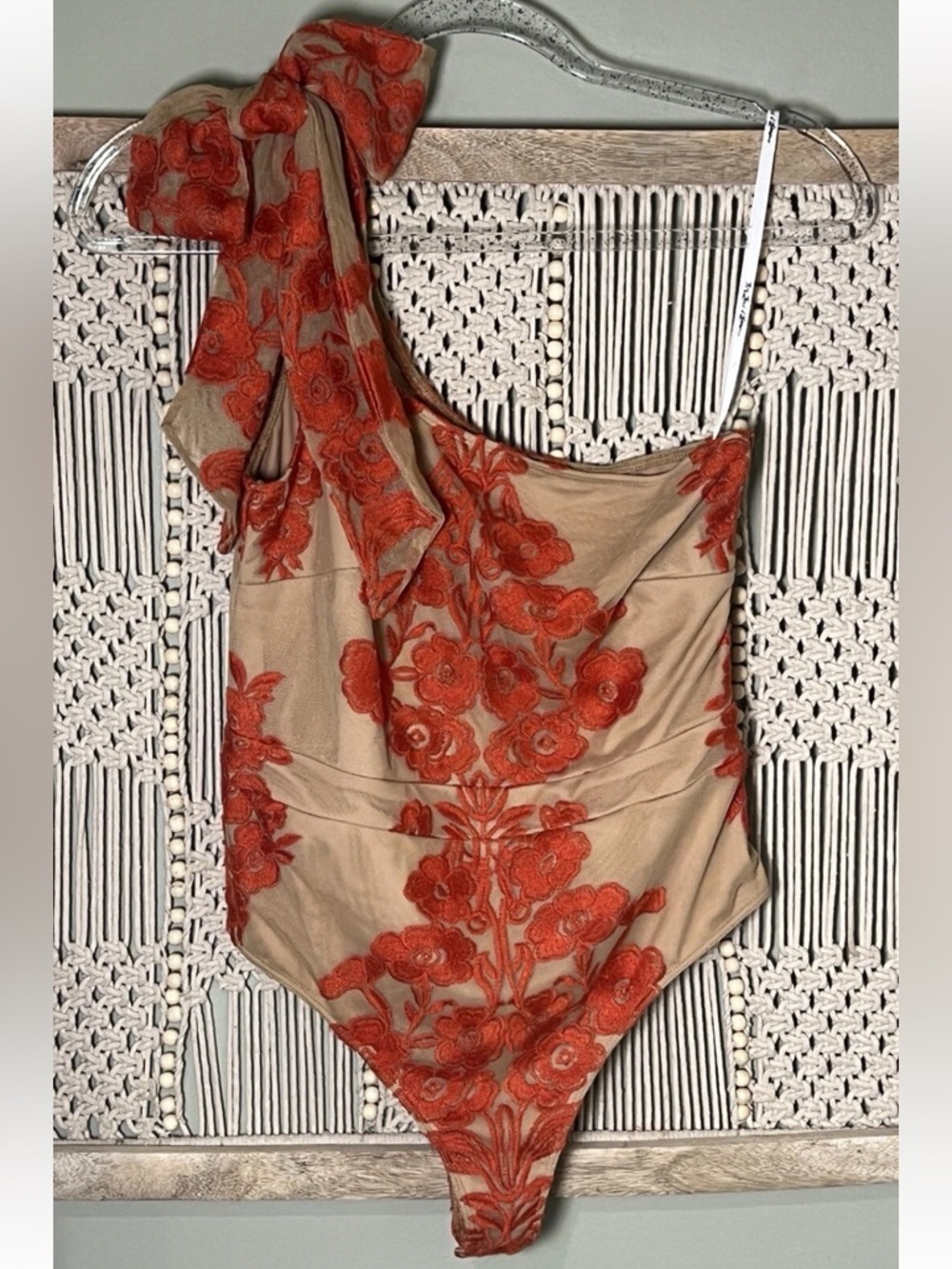 NWT For Love and Lemons Temecula One Shoulder Bodysuit Red/Nude - Picture 14 of 14